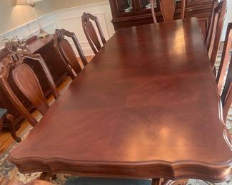 American Drew/Bob Mackie Double Pedestal Table and 8 upholstered American Drew/Bob Mackie Splat Back 6 side chairs, 2 arm chairs