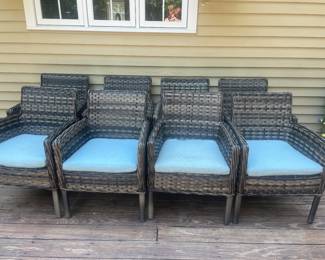 Dine in style with the Lorca dining set, featuring a woven top, and rotating lazy Susan. Crafted from durable wicker with a light tan and ebony finish, it's perfect centerpiece for your outdoor space. This Lorca Outdoor 11 piece Dining Set features Aluminum Frame with Synthetic UV Wicker, features Sunbrella fabric cushions and available in light Ebony finish color.

The ProShade umbrella features Sunbrella fabric and the stand is included. 

Set includes 67" round table with lazy susan and 8 arm chairs. While only 6 fit around the table, it's nice to have a couple extra chairs for friends who stop by to pull up.

Dimensions:  
Arm Chair: 23"w x 27"d x 34"h
67" Round Table:  67″w x 67″d x 30″h 