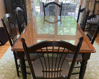 Saybrook Home Dining Set features French Country Butterfly Farm Table with 2 24” leaves (makes square table with seating for 8)