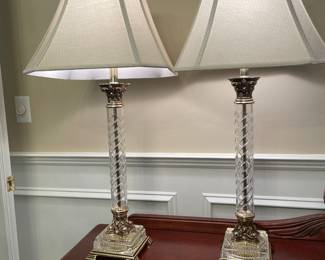 Ethan Allen Table Lamps with KG Cut Glass/Gold Base. 35” H x 6.5” Base
(16” shade W)
