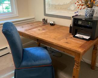 Farmhouse Desk / One Drawer. 66” W x 36” D x 29.5” H. Parson Side Chair