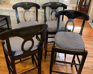 Four Pottery Barn Napoleon Counter Stools with rush seats and cushions. Base 15” D x 17” W x 45” H
