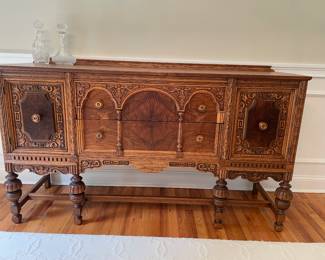 Vintage Carved Oak and Walnut Sideboard with backsplash. 66" W x 20" D x 37" H
