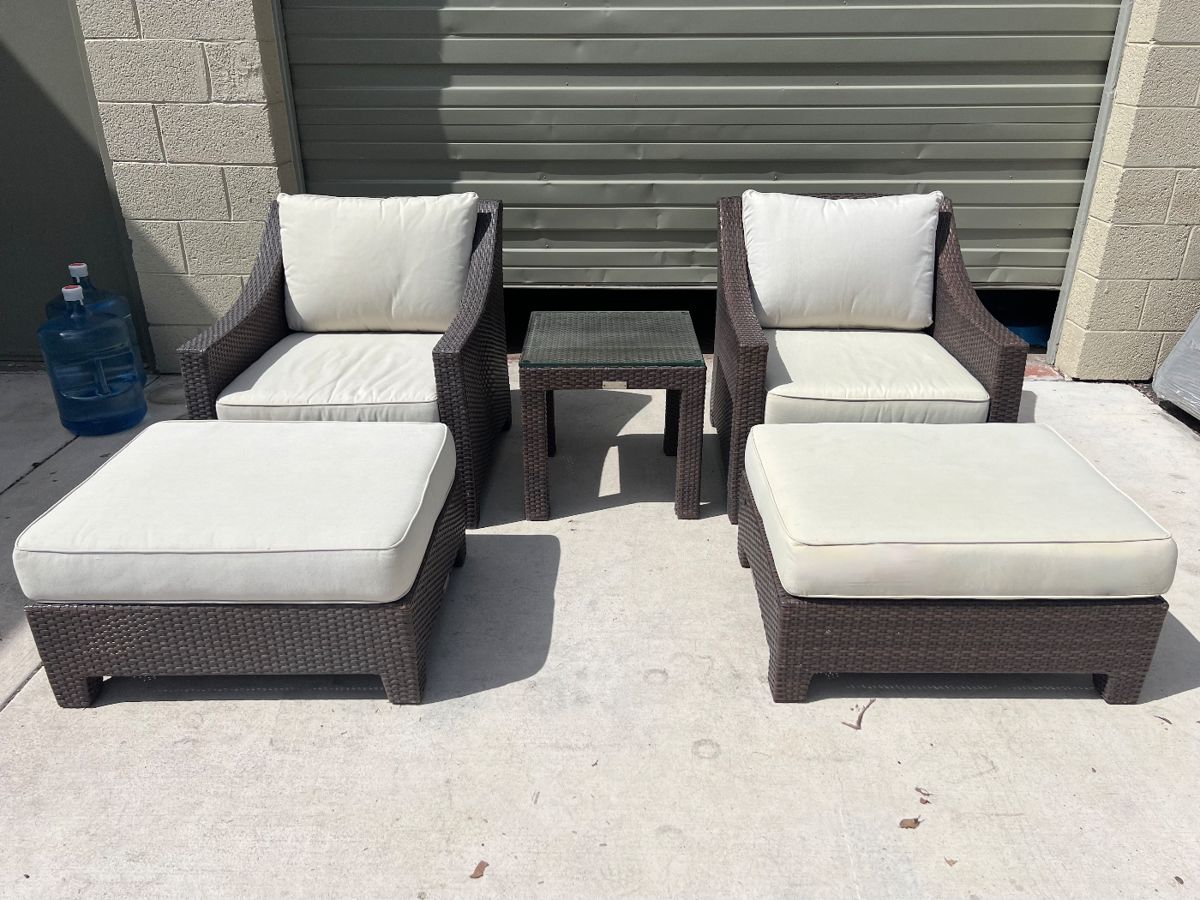 Restoration Hardware Outdoor Patio Wicker Club Chairs & Ottomans