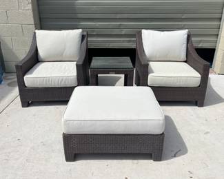 Restoration Hardware Outdoor Patio Wicker Club Chairs & Ottoman