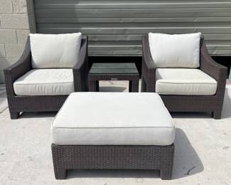 Restoration Hardware Outdoor Patio Wicker Club Chairs & Ottoman