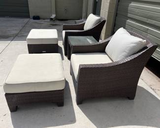 Restoration Hardware Outdoor Patio Wicker Club Chairs & Ottomans