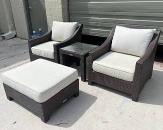 Restoration Hardware Outdoor Patio Wicker Club Chairs & Ottoman
