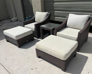 Restoration Hardware Outdoor Patio Wicker Club Chairs & Ottomans