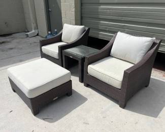 Restoration Hardware Outdoor Patio Wicker Club Chairs & Ottoman