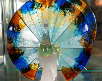 Daum French Pate-de-Verre abd frosted glass peacock statue. Engraved "Daum, France"