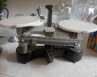 Antique early 1920's Cenco scientific lab scale with white milk glass trays...