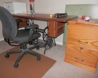 Writing desk made from Singer treadle cabinet....also oak file cabinet with key