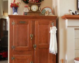 3 door solid oak antique icebox by "McCray" of Indiana...USA and Seth Thomas mantle clock