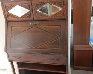 Haywood Wakefield drop front desk .... geometric carving and beveled mirrors