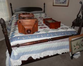 Antique 4 post pineapple full size bed....beautiful hand made quilt atop....all for sale