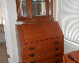 Another fine secretary's drop front desk....of maple....    and by itself on top, a small lighted showcase with glass shelf and mirrored back....2 individual items