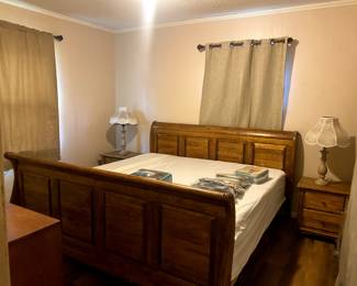 CA King entire bedroom set- head board, foot board, frame, 2 night stands, lamp, small dresser, box springs and mattress with sheets 
