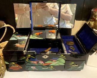 Black Lacquer Hand Painted jewelry/music box from Japan