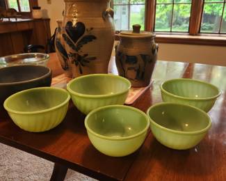 Several jadite FireKing bowls. Nesting set plus extras
