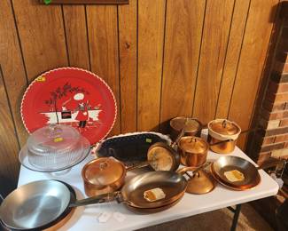 Vintage Paul Revereware. Copper w brass handles. Some with stickers, new old stock. Made in Clinton IL