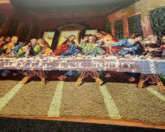 Vintage area rug, Leonardo da Vinci's Last Supper.
Huge rug! Hook rug was made by hand.