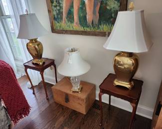 Brass lamps, little matching tables and small wood trunk