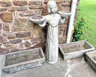Concrete girl statue and planters 