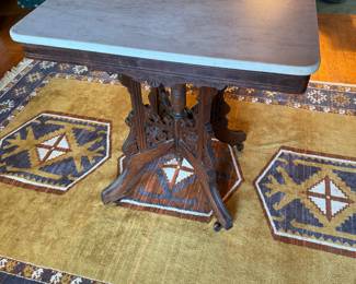 ANTIQUE EASTLAKE CARVED WALNUT AND MARBLE PARLOR TABLE CIRCA 1890