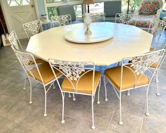 LARGE FIBERGLASS INDOOR/OUTDOOR DINING TABLE WITH 10  WROUGHT IRON CHAIRS