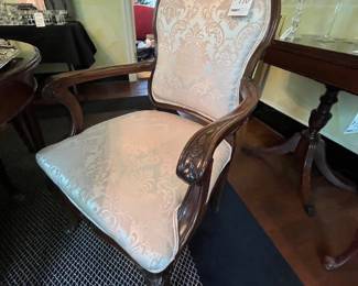 One of two Arm Chairs.  Note the fine silk damask upholstery. 
