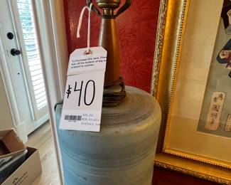 Mid Century Modern Pottery Lamp with Teak Wood Neck 