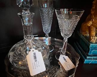 Gorham Crystal Decanter, Ralph Lauren Herringbone Stemware, and fine Plated Silver Tray. 
