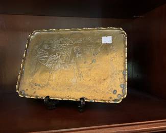 Vintage Mid 20th C. Brass Etched Tray