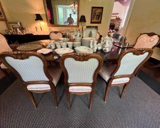 Lovely Dining Table and Chairs.  Table is solid Cherry with 8 French Styling dining chairs