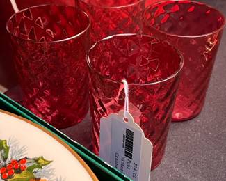 4 American Victorian Cranberry Glass Quilted Tumblers
