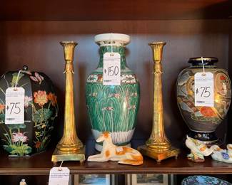 Lovely Selection of Decor!  Front and Center is a Fine Chinese Famillia Verde Vase 16 inches tall!  Stunning Brass Art Nouveau Candlesticks, and Satsuma