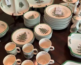Large set of Spode Pottery Christmas Tree.  All dinnerware is being sold as a group for $250.  This includes plates, bowls and mugs.  All serve ware is price individually. 