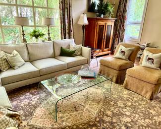 Waterfall table, custom slipper chairs, palace size rug, herringbone sofa, designer lamps, Freidman Borthers gilt mirror, custom draperies and more...