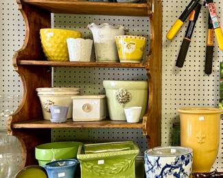 so many beautiful garden supplies, tools, and planters