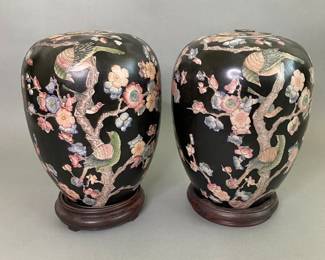 Pair Of Chinese Famille Noir Bird And Tree Decorated Covered Urns (Drilled For Lamps)