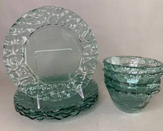 Set Of Green Glass Salad/cereal Bowls And Luncheon Plates