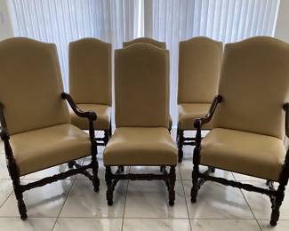 Set Of Six Jacobean Style Dining Chairs With Leatherette Upholstery