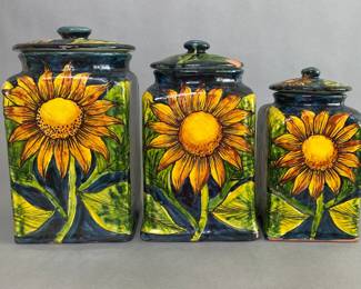 Set Of 3 Hand Painted Covered Jars