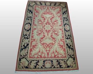 Hand Knotted Wool Rug With Foliate Design In Black And Salmon