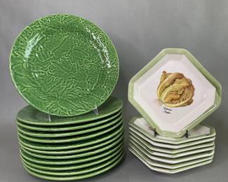 Set Of 12 Green Glazed Stoneware Dinner Plates With 8 Italian Small Plates Of Similar Style