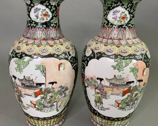 Pair Of Chinese Export Famille Noir Style Vases