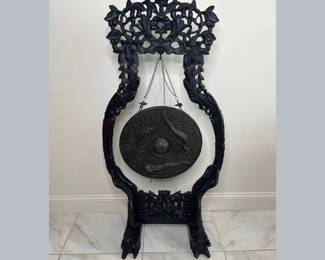 Vintage Chinese Bronze Gong On Carved Wood Stand
