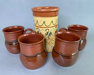 Glazed Spanish Stoneware Canister And 4 Mugs Of Similar Style
