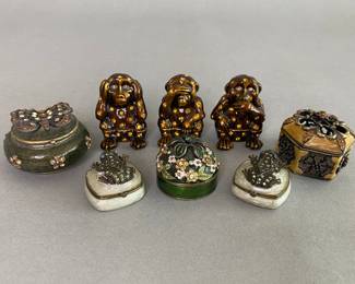 Group Of Eight Metal And Enamel Miniature Trinket Boxes In Flora And Fauna Motifs